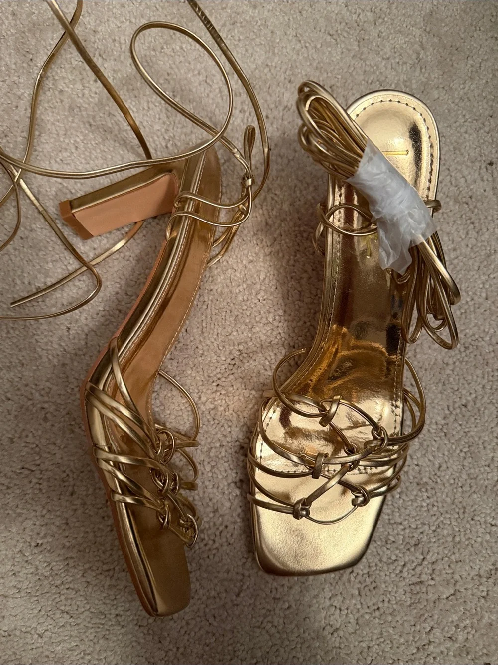 Lulu's Metallic Gold Lace-Up Block Heel Sandals- NWOT